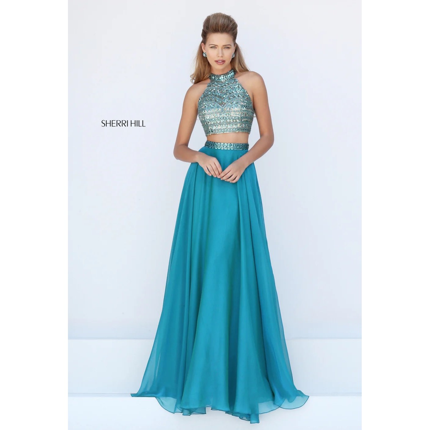 Nwt Sherri Hill 50096 Jade Beaded Halter Crop Top & Chiffon Skirt Set Size 2